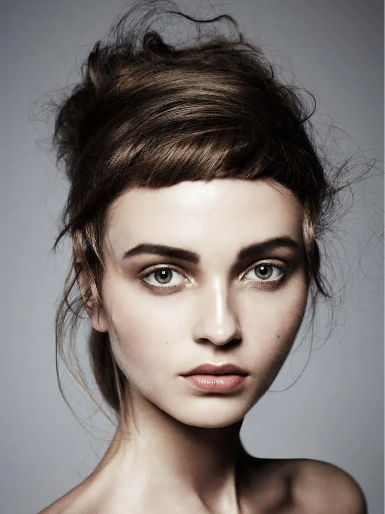 Portrait of a young woman with light skin, brown hair styled in a messy updo, and green eyes, looking directly at the camera against a gray background.