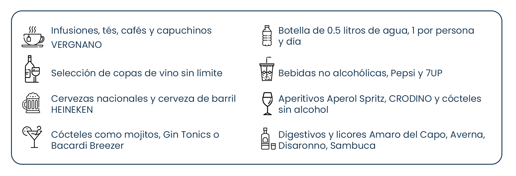 Lista de bebidas y alimentos para un evento, incluyendo infusiones, tés, cafés, capuchinos, agua, vino, cervezas nacionales, cerveza de barril, bebidas no alcohólicas, aperitivos sin alcohol, cócteles, digestivos, licores, y bebidas como mojitos y Gin Tonics.