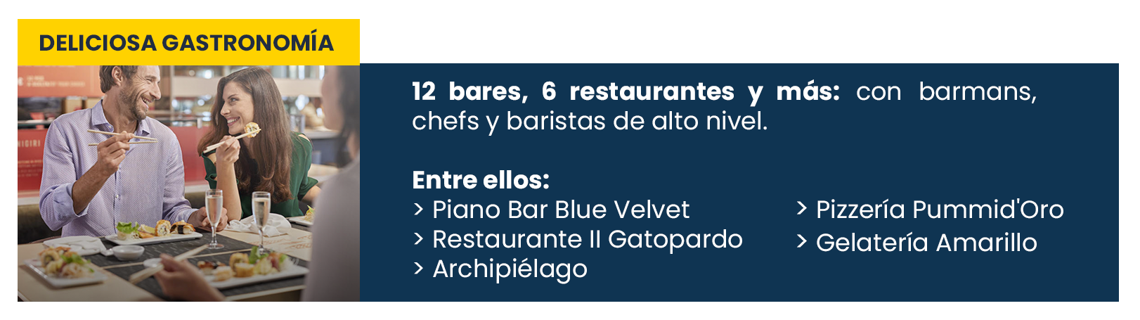 Imagen de una mesa con comida en un restaurante, personas comiendo y sonriendo, con un fondo de ambiente de restaurante.