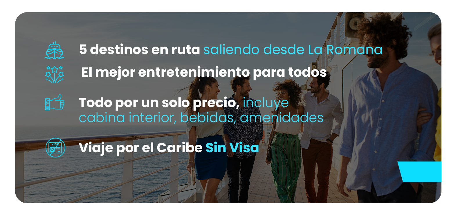 Grupo de personas caminando y conversando en un crucero en el mar, con fondo de cielo y estructura del barco.