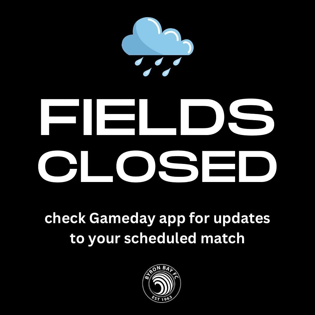 @⁨Jade Jackson⁩ @⁨Mike Egan⁩ 

‼️ GROUND CLOSED ‼️
Unfortunately due to the weather the Byron Bay Memorial Recreation Grounds are closed for the weekend. 

Please check Game Day for updates to your games