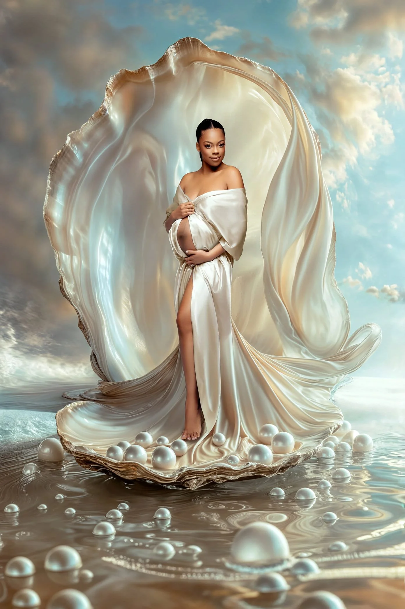 Fantasy maternity portrait with seashell pearl goddess maternity in Chicago - Filaneyka photo studio