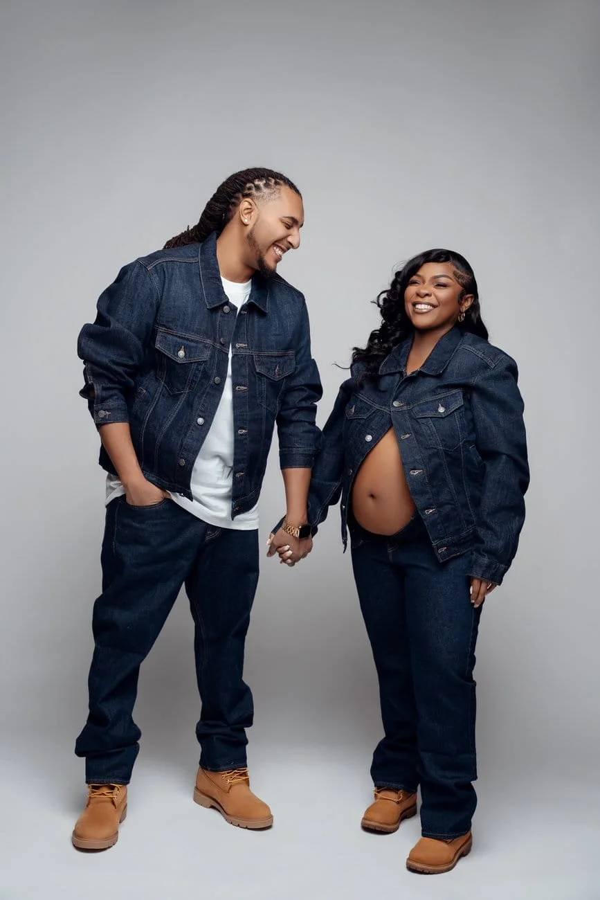 Pregnancy photography with matching denim couple maternity shoot in Chicago - Filaneyka photo studio