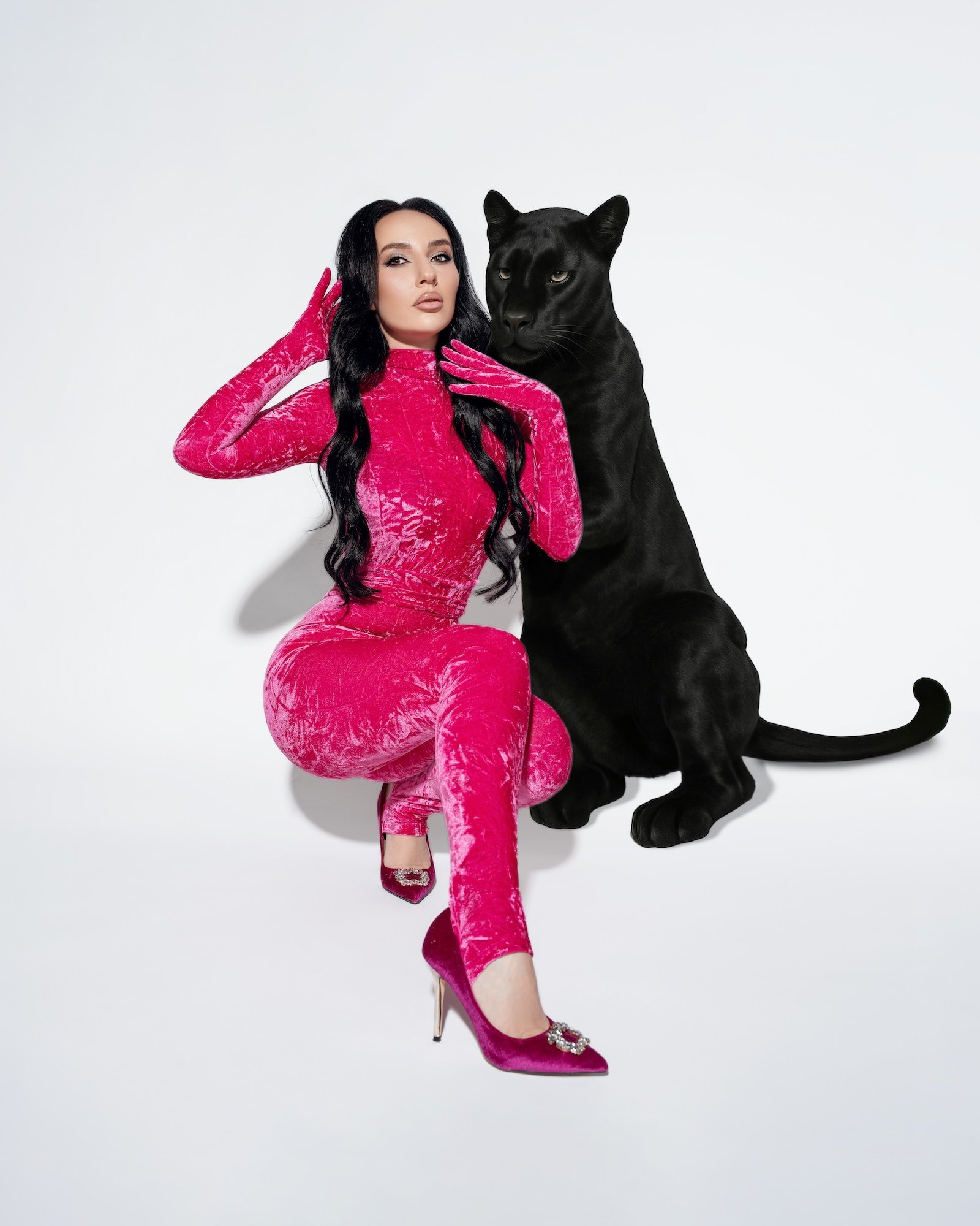 Luxury individual portrait session: woman in a bold black panther themed digital-art portrait