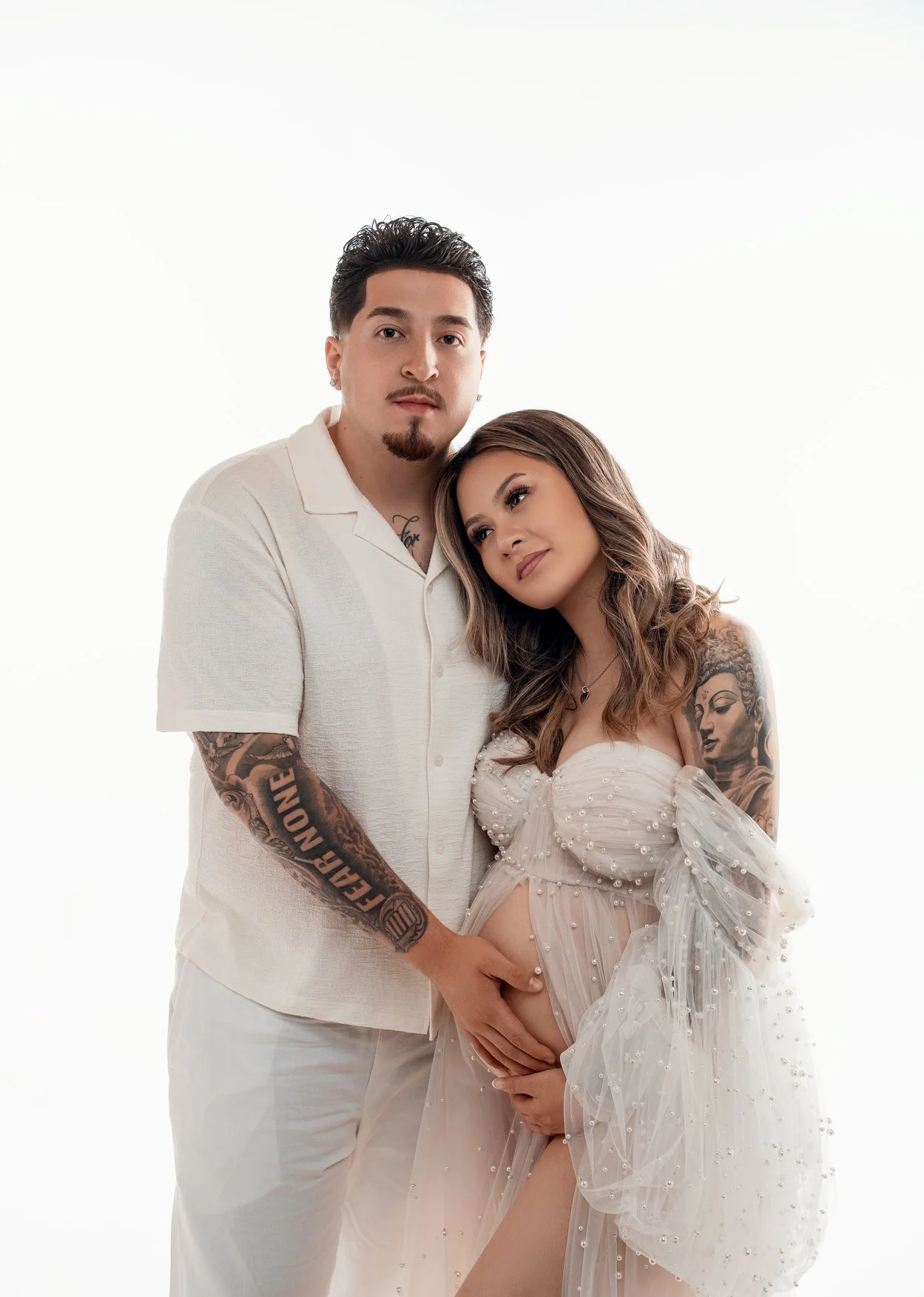 Prenatal photography session with couple in white maternity portrait in Chicago - Filaneyka photo studio