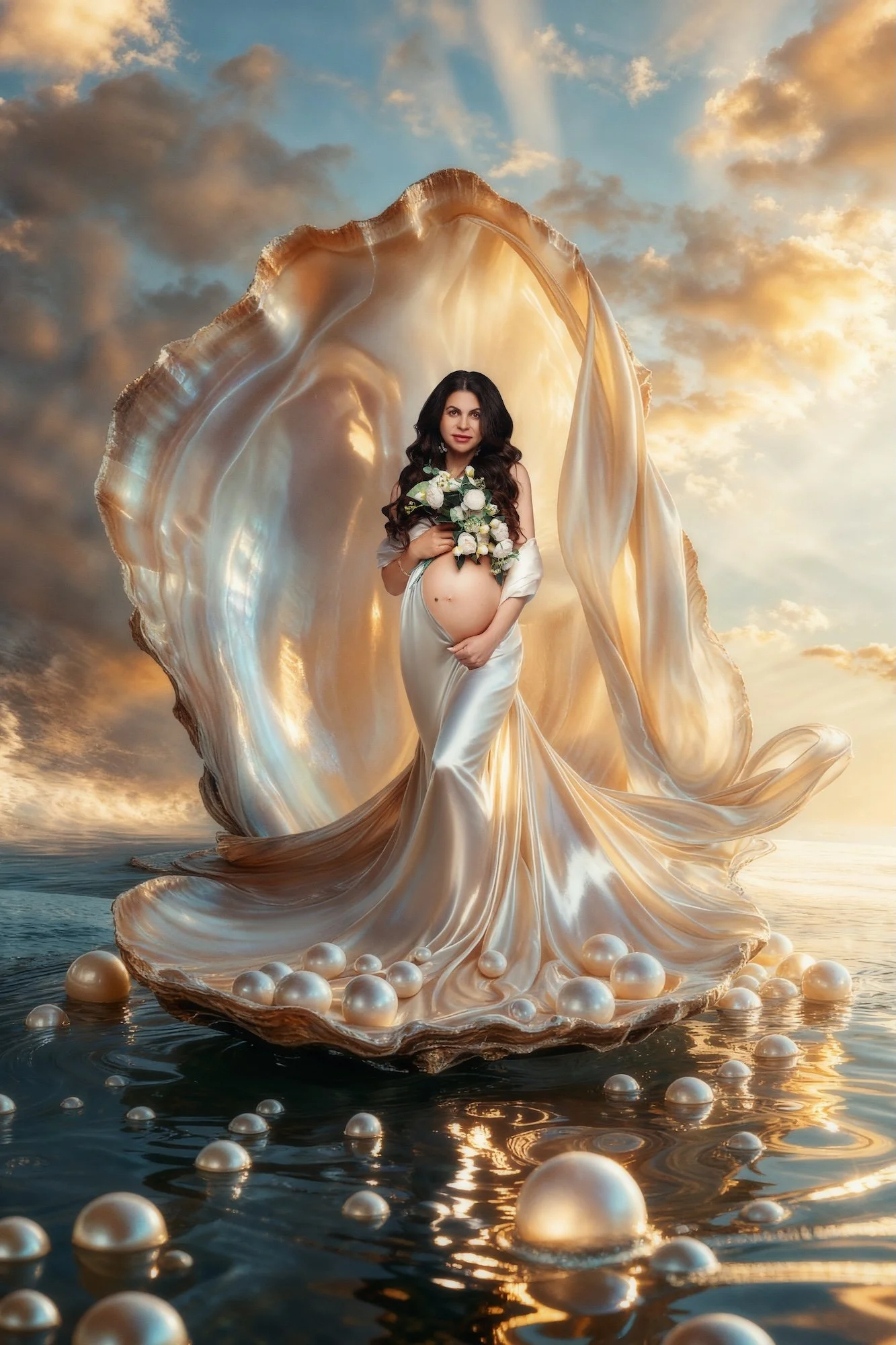 Fine-art maternity photoshoot: pregnant woman posed in a giant seashell with pearls against a warm sunset sky