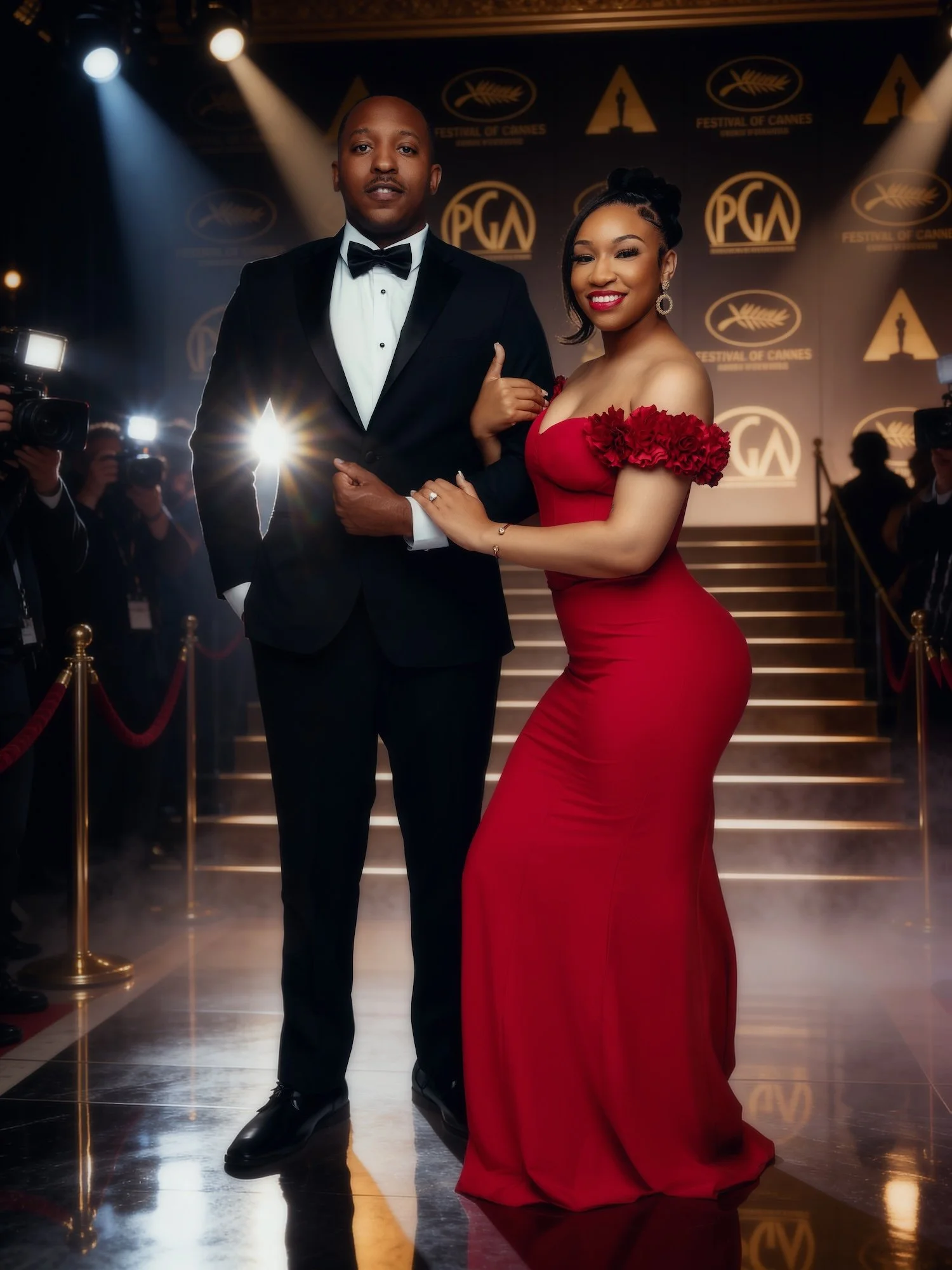 Luxury engagement portrait: couple on a red carpet in dramatic digital art