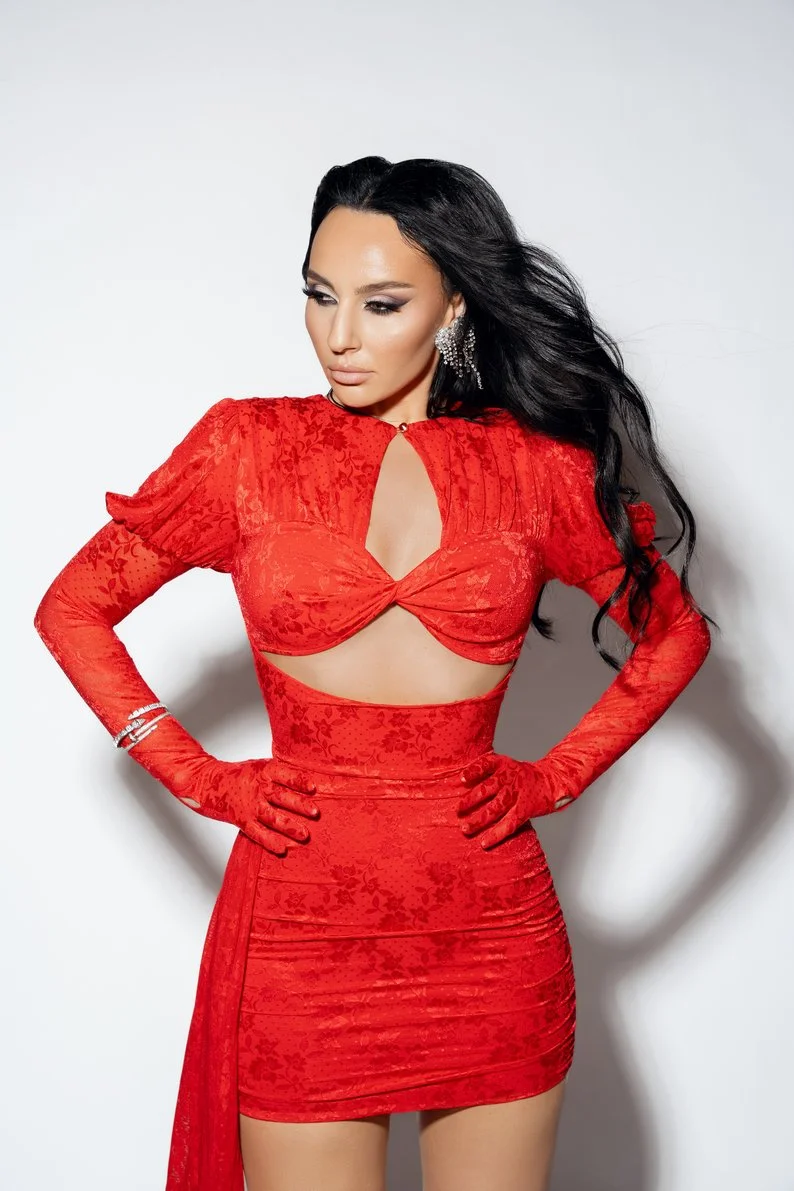 Studio headshot session with woman in red cutout dress in Chicago - Filaneyka photo studio