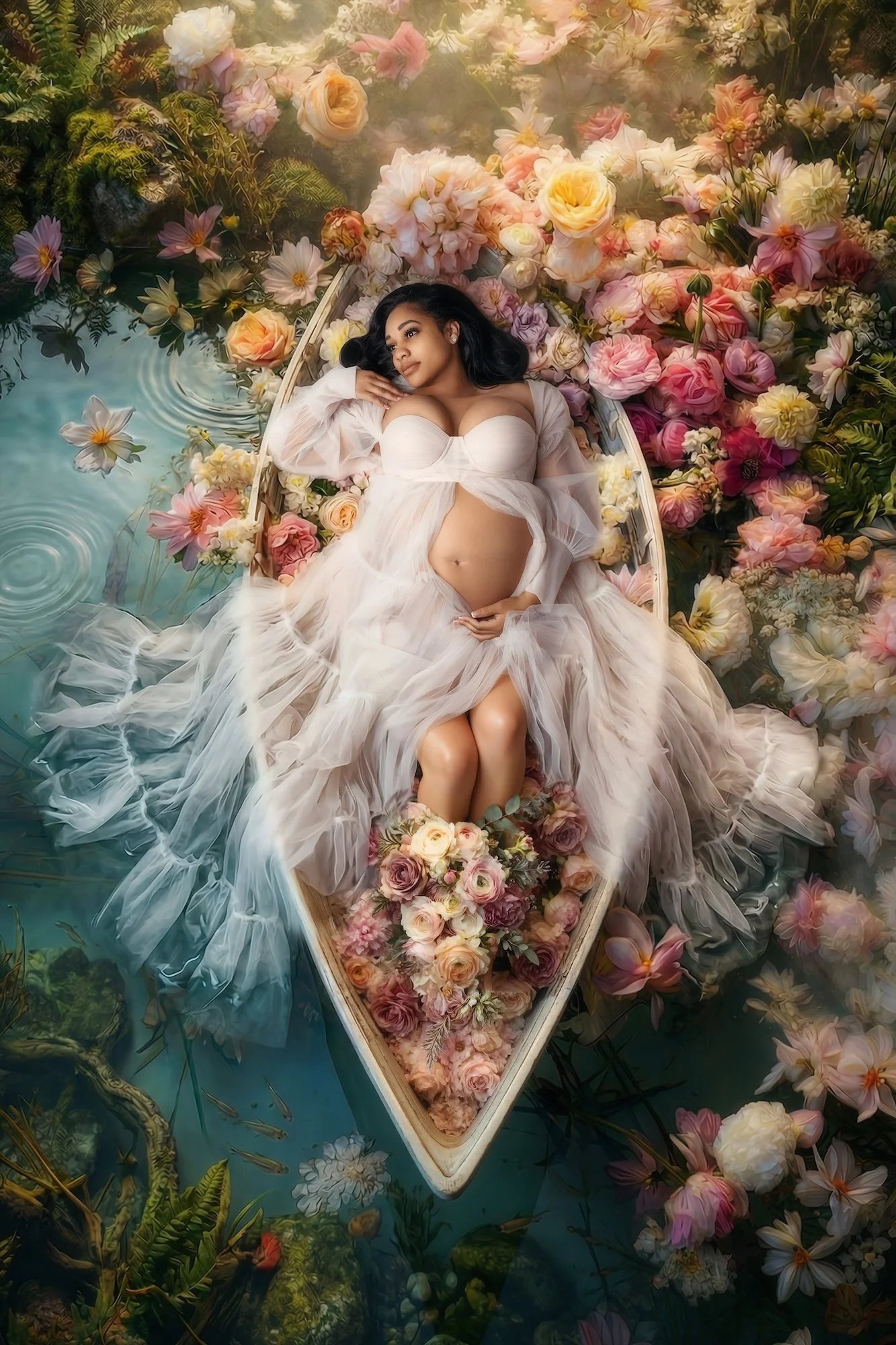 Luxury fine-art maternity photoshoot: aerial view of a pregnant woman in a white gown reclining in a boat filled with flowers on a calm pond