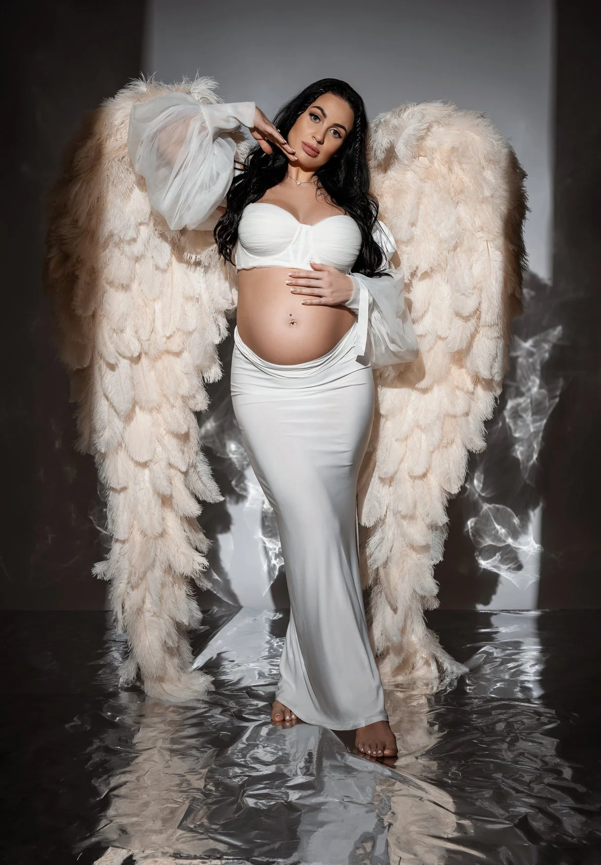 Prenatal photography session with pregnant angel with large wings in Chicago - Filaneyka photo studio