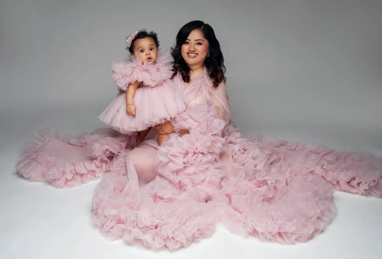 First birthday portrait with mother and baby in matching pink ruffles in Chicago - Filaneyka photo studio