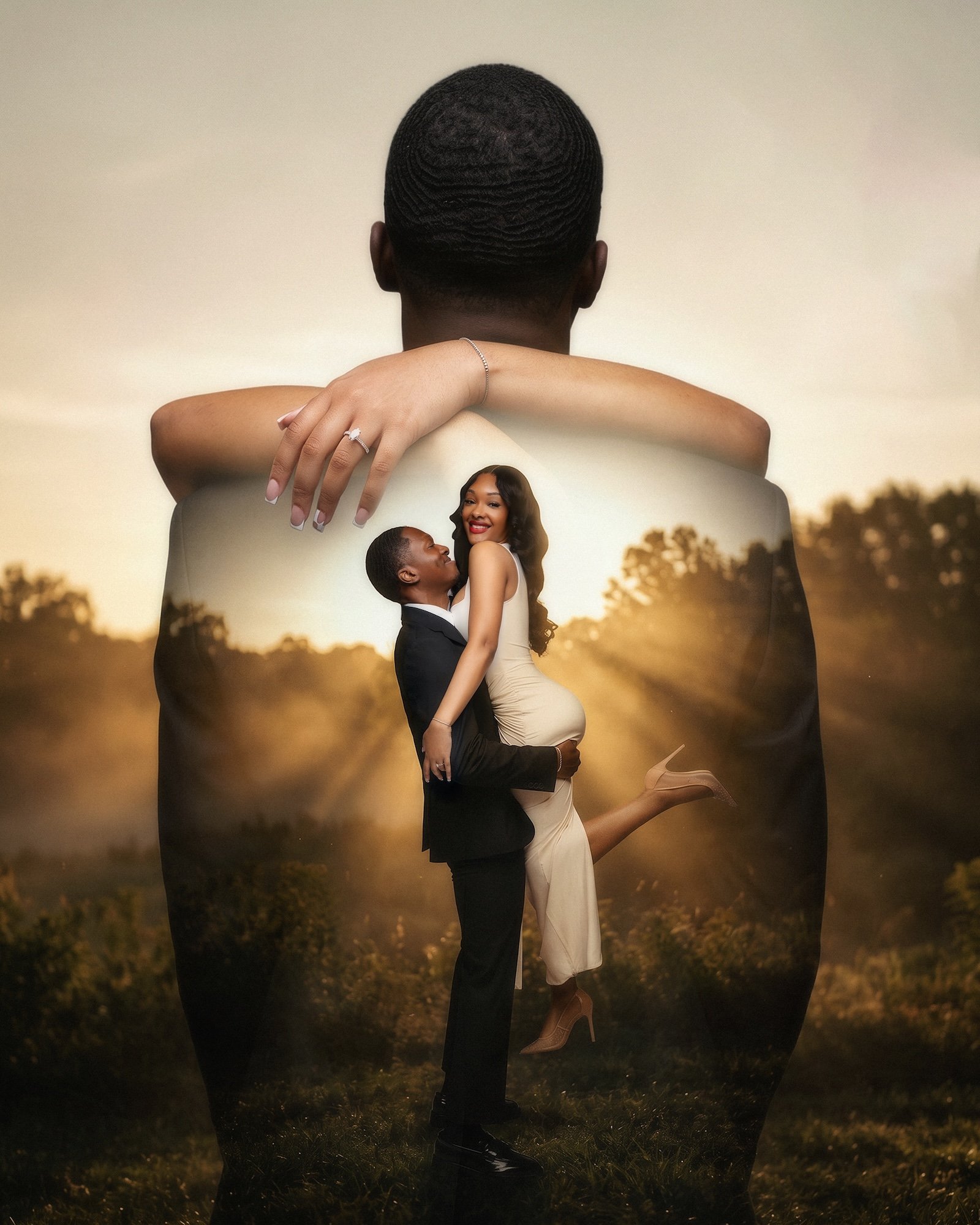 Fine-art engagement portrait: romantic couple in a dreamy double-exposure digital effect