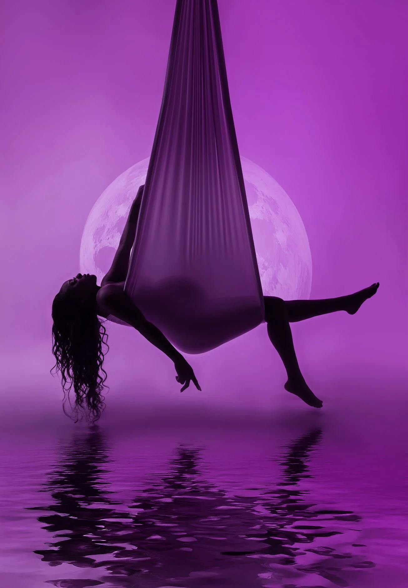 Fine art pregnancy portrait with purple moon silk aerial silhouette in Chicago - Filaneyka photo studio