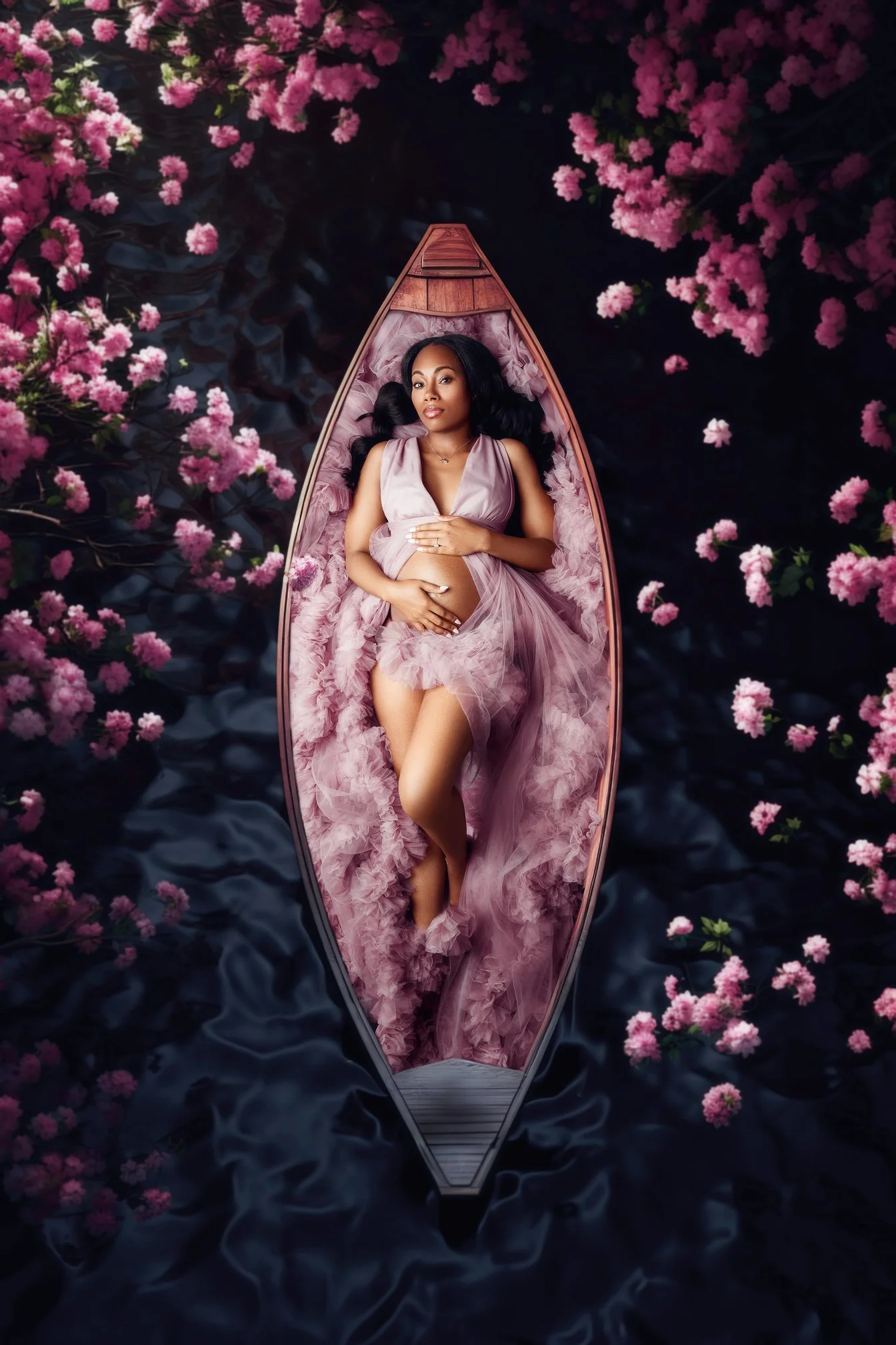Fantasy maternity portrait with pregnant woman in flower boat in Chicago - Filaneyka photo studio