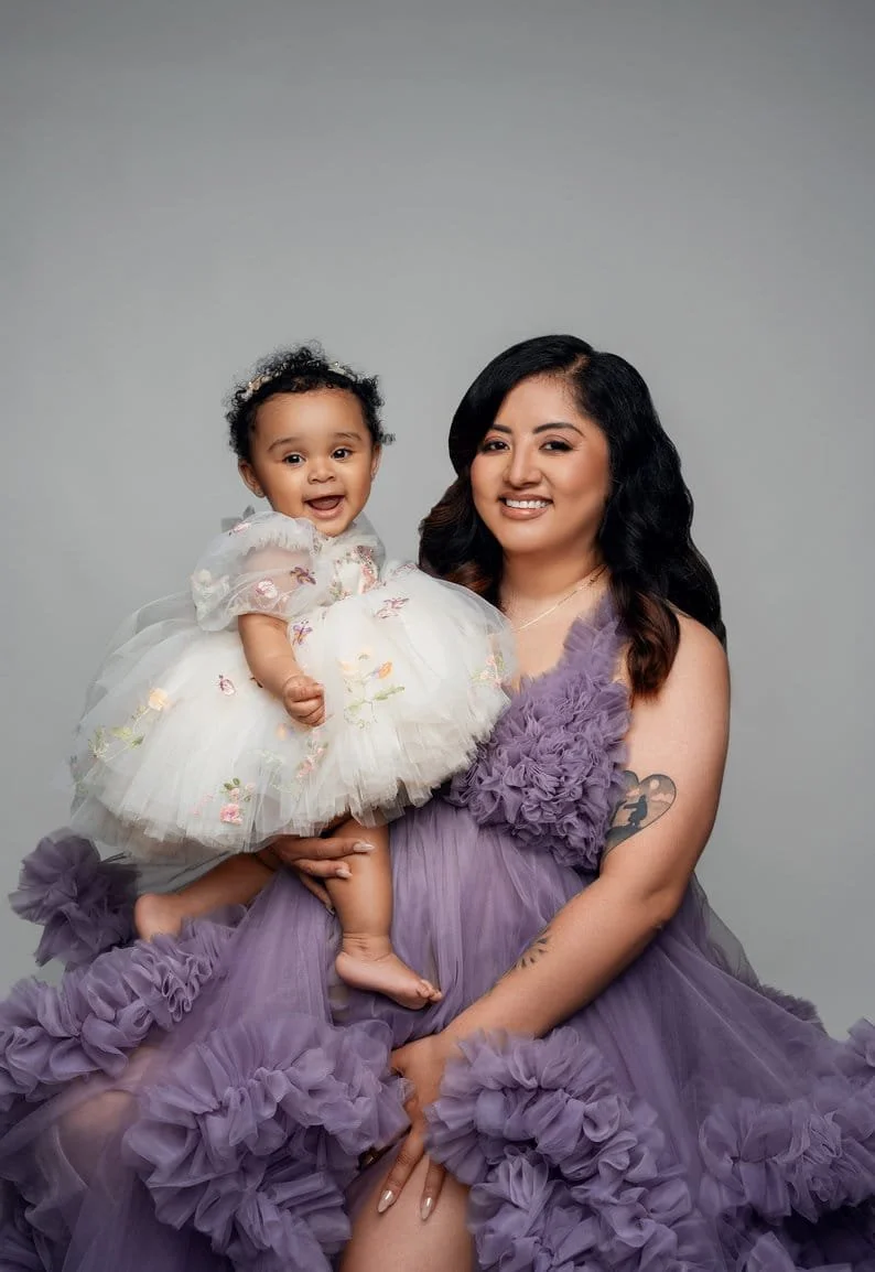 First birthday portrait with mother and daughter in purple tulle seated in Chicago - Filaneyka photo studio