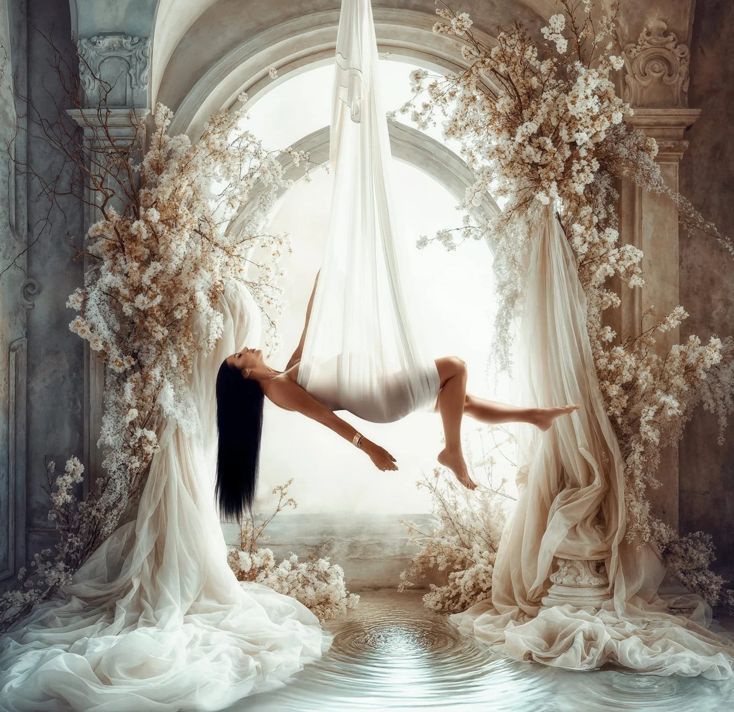 Creative maternity compositing with aerial silk floral maternity in Chicago - Filaneyka photo studio