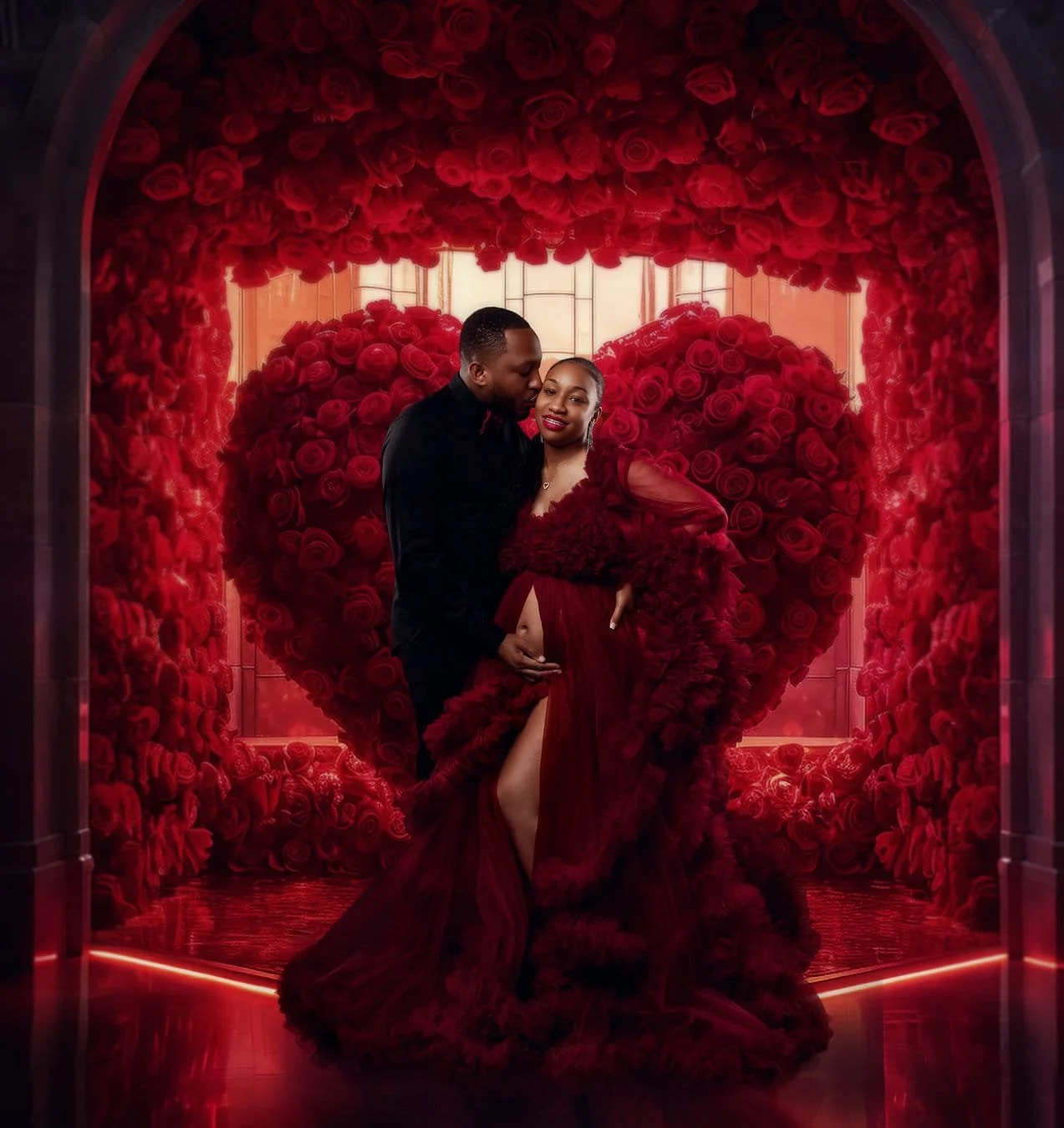 Artistic maternity edit with red roses heart couple in Chicago - Filaneyka photo studio