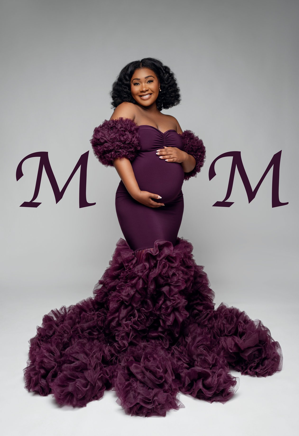 Expecting mother photoshoot with glamorous purple ruffled gown in Chicago - Filaneyka photo studio