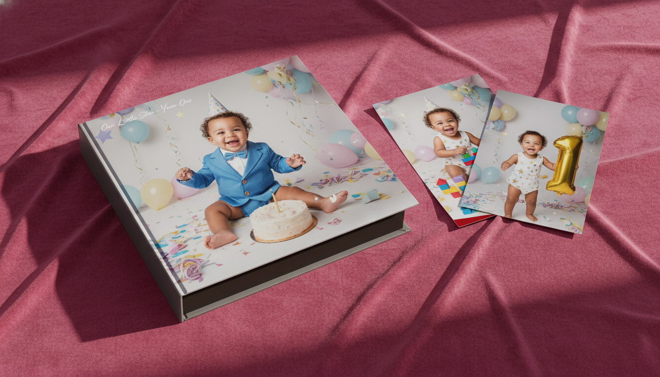 One Year memory photo box filled with printed photographs and keepsakes