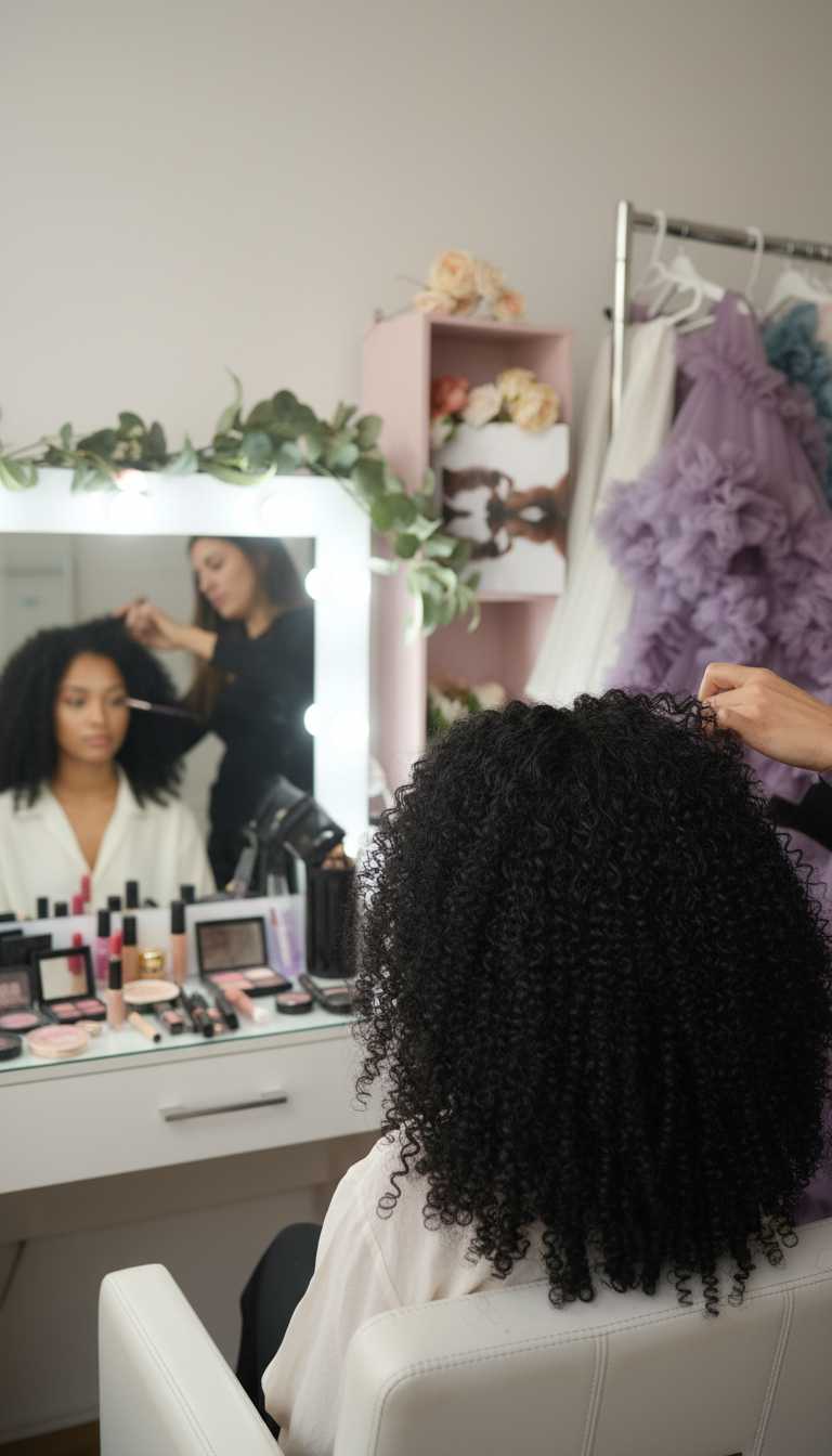 Hair and makeup styling with makeup artist styling curly-haired client in Chicago - Filaneyka photo studio