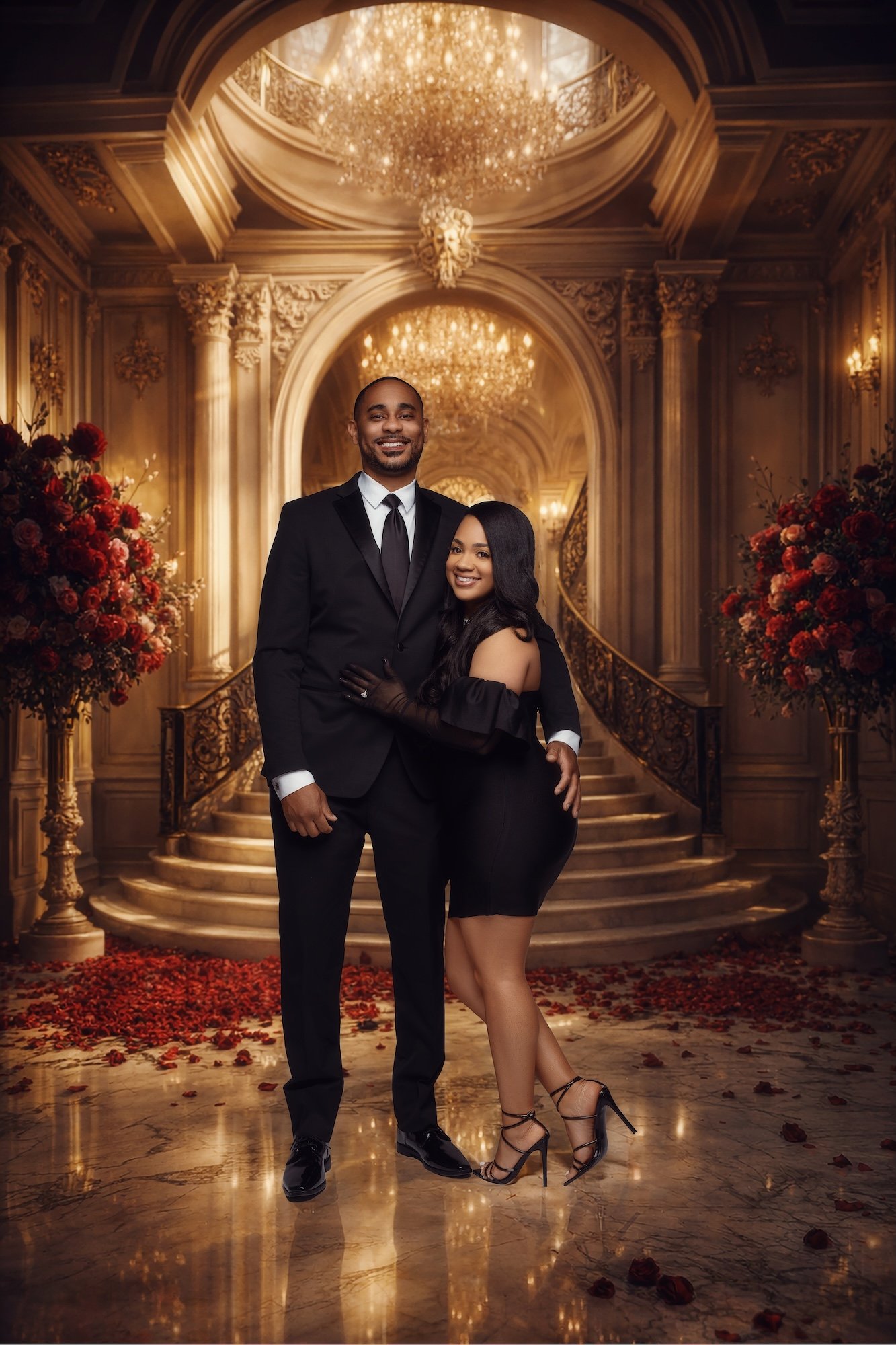 Exclusive retouched engagement photo, elegant couple in ornate hall with chandelier and red rose petals, luxury studio background by Filaneyka Chicago