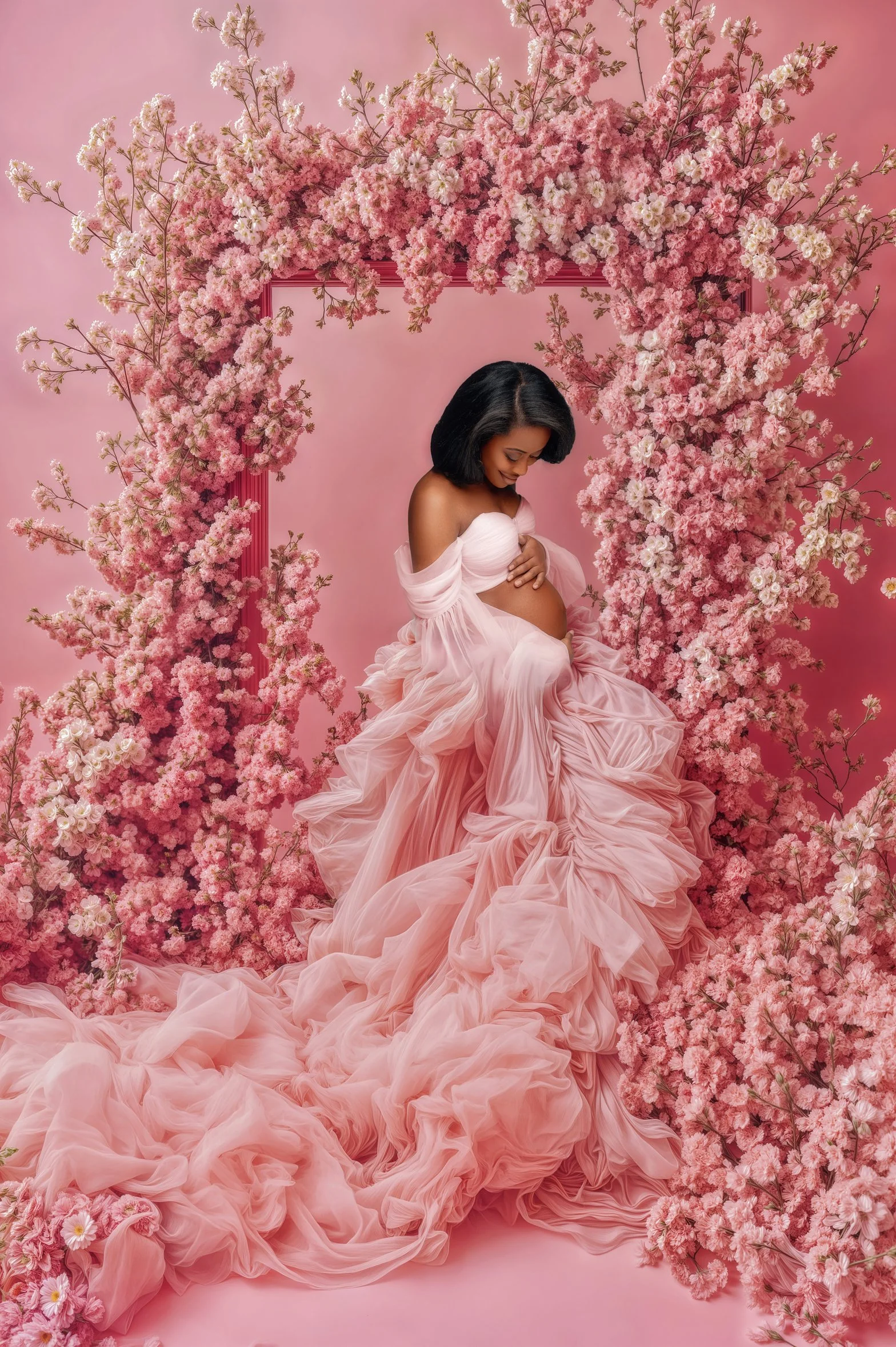 Artistic maternity edit with pink floral arch maternity portrait in Chicago - Filaneyka photo studio