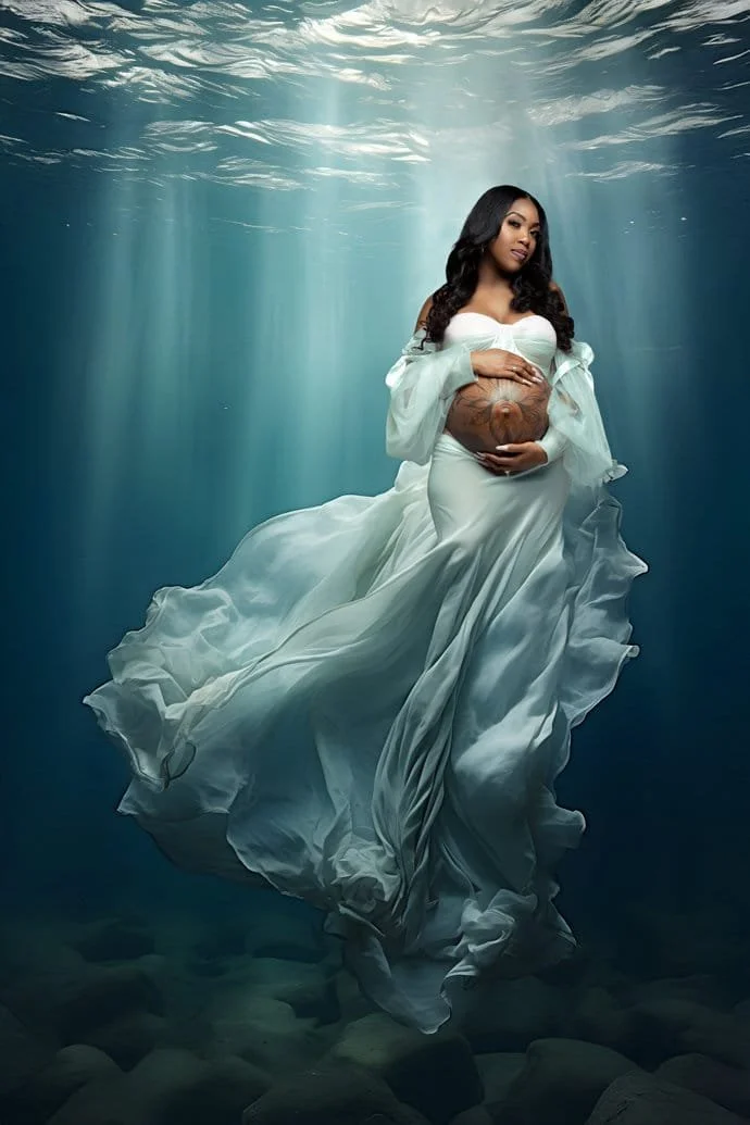 Maternity exclusive retouching with underwater white gown maternity in Chicago - Filaneyka photo studio