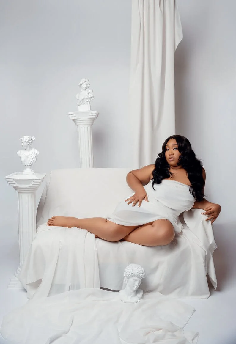 Professional portrait session with white classical Greek-inspired boudoir in Chicago - Filaneyka photo studio