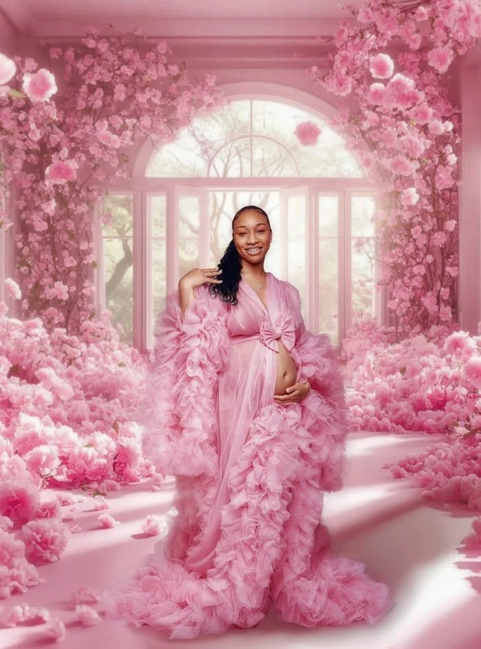 Artistic maternity edit with pink floral garden maternity in Chicago - Filaneyka photo studio