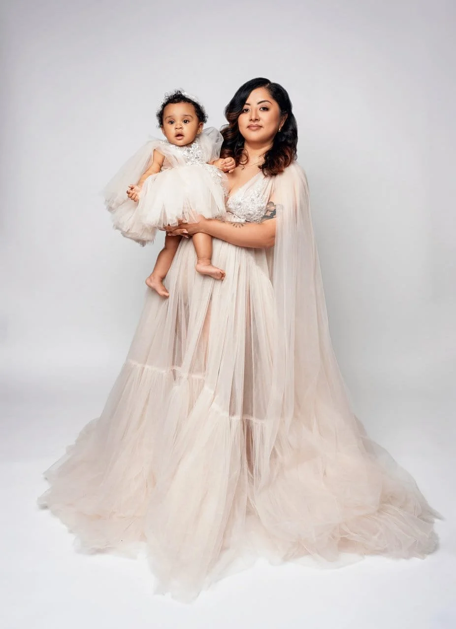 First birthday portrait with mother and baby in flowing tulle gown in Chicago - Filaneyka photo studio