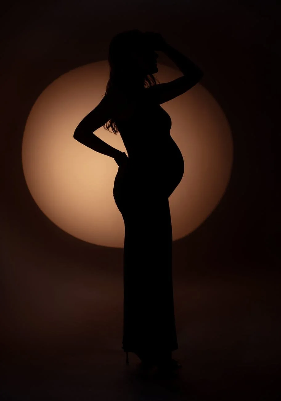 Expecting mother photoshoot with pregnant silhouette against golden light in Chicago - Filaneyka photo studio