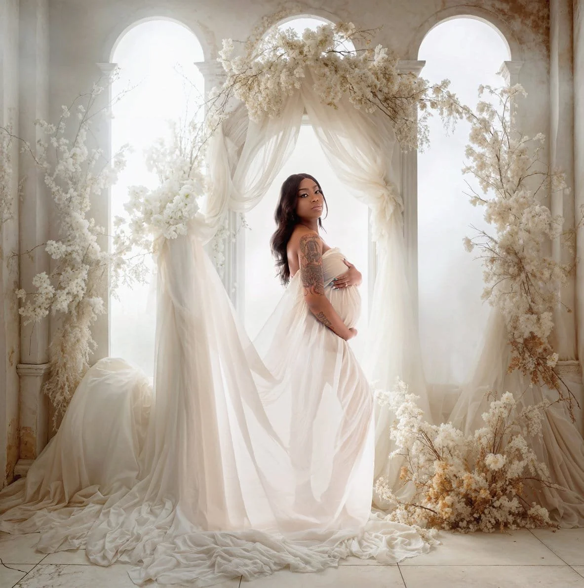 Fine art pregnancy portrait with white archway floral maternity in Chicago - Filaneyka photo studio