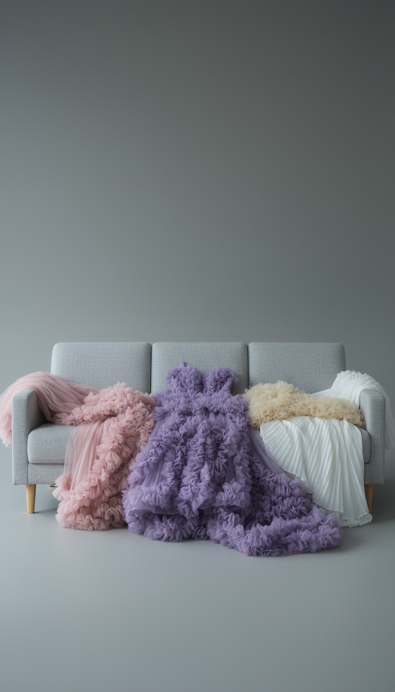 Styling and makeup session with fluffy dresses draped on couch in Chicago - Filaneyka photo studio