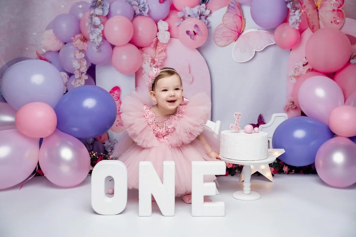 1st birthday photography with girl with ONE letters and birthday cake in Chicago - Filaneyka photo studio