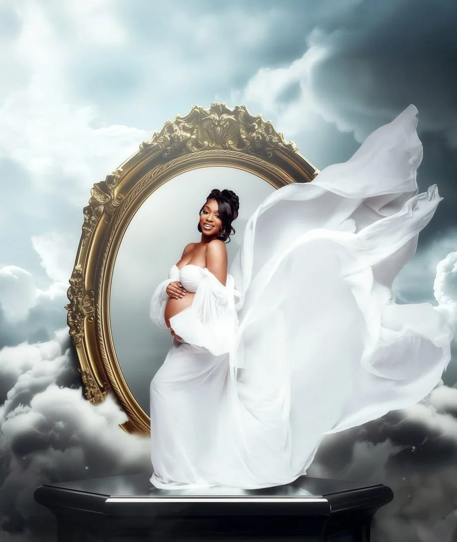 Maternity exclusive retouching with golden mirror dramatic maternity in Chicago - Filaneyka photo studio