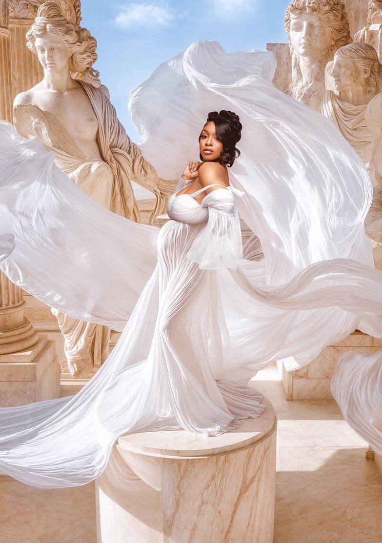 Fine art pregnancy portrait with Grecian statue flowing gown in Chicago - Filaneyka photo studio