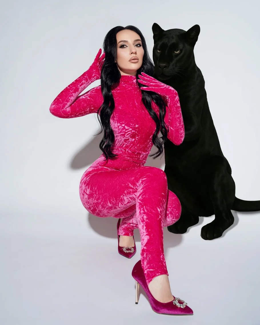 Professional headshot photography with pink velvet with black panther prop in Chicago - Filaneyka photo studio