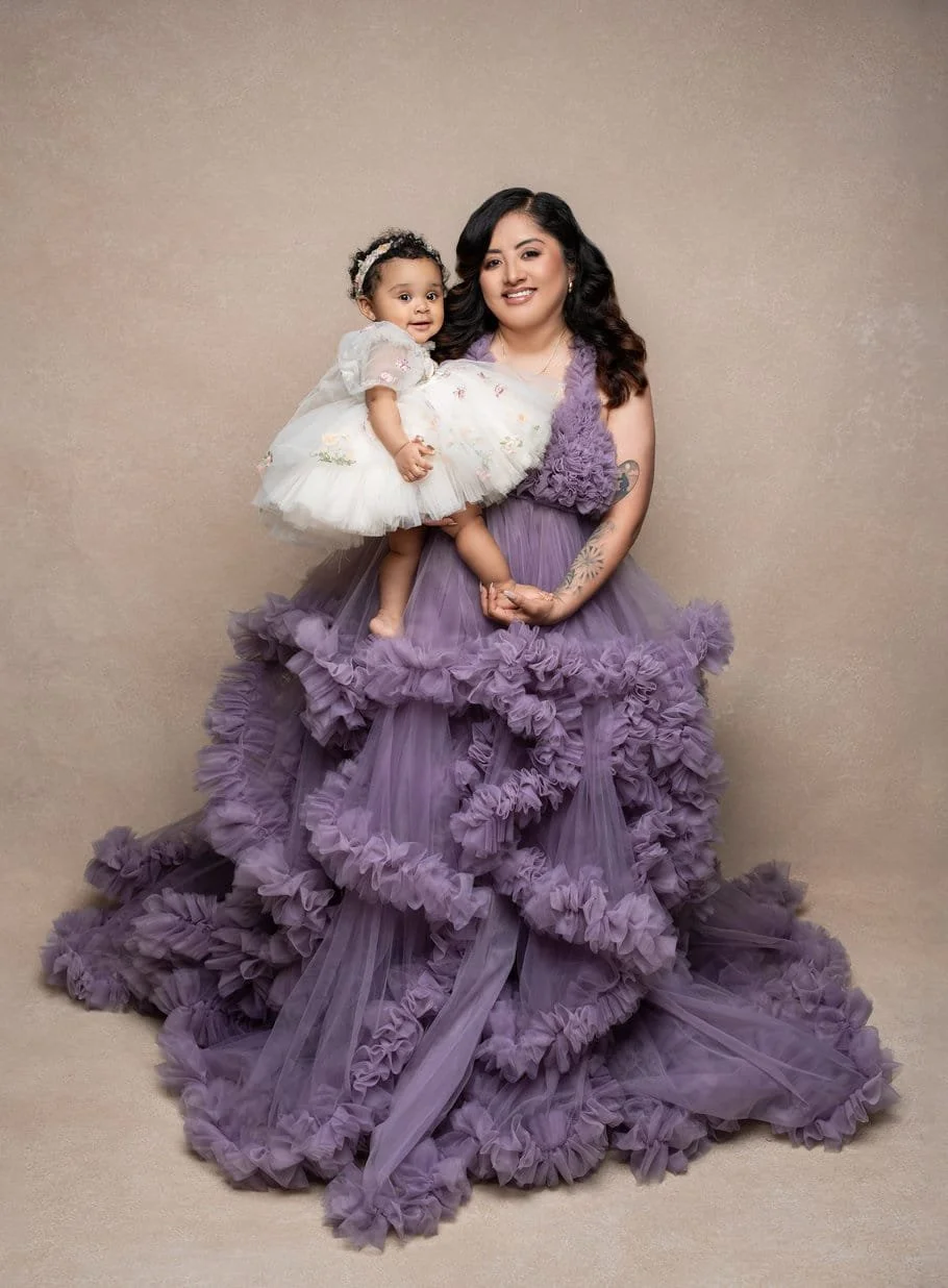 Baby milestone photoshoot with mother and toddler in purple ruffled gown in Chicago - Filaneyka photo studio