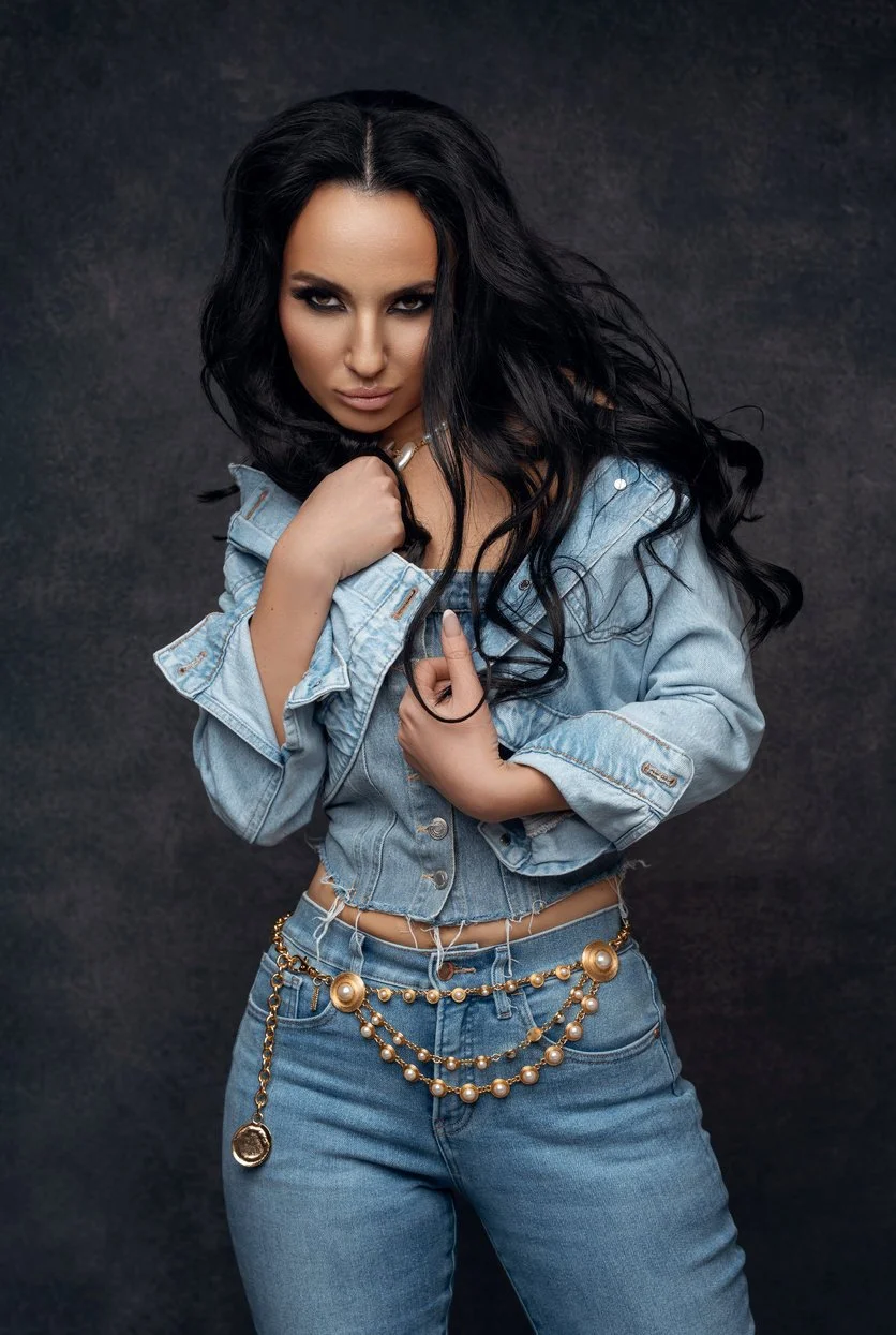 Studio headshot session with woman in denim outfit posing in Chicago - Filaneyka photo studio