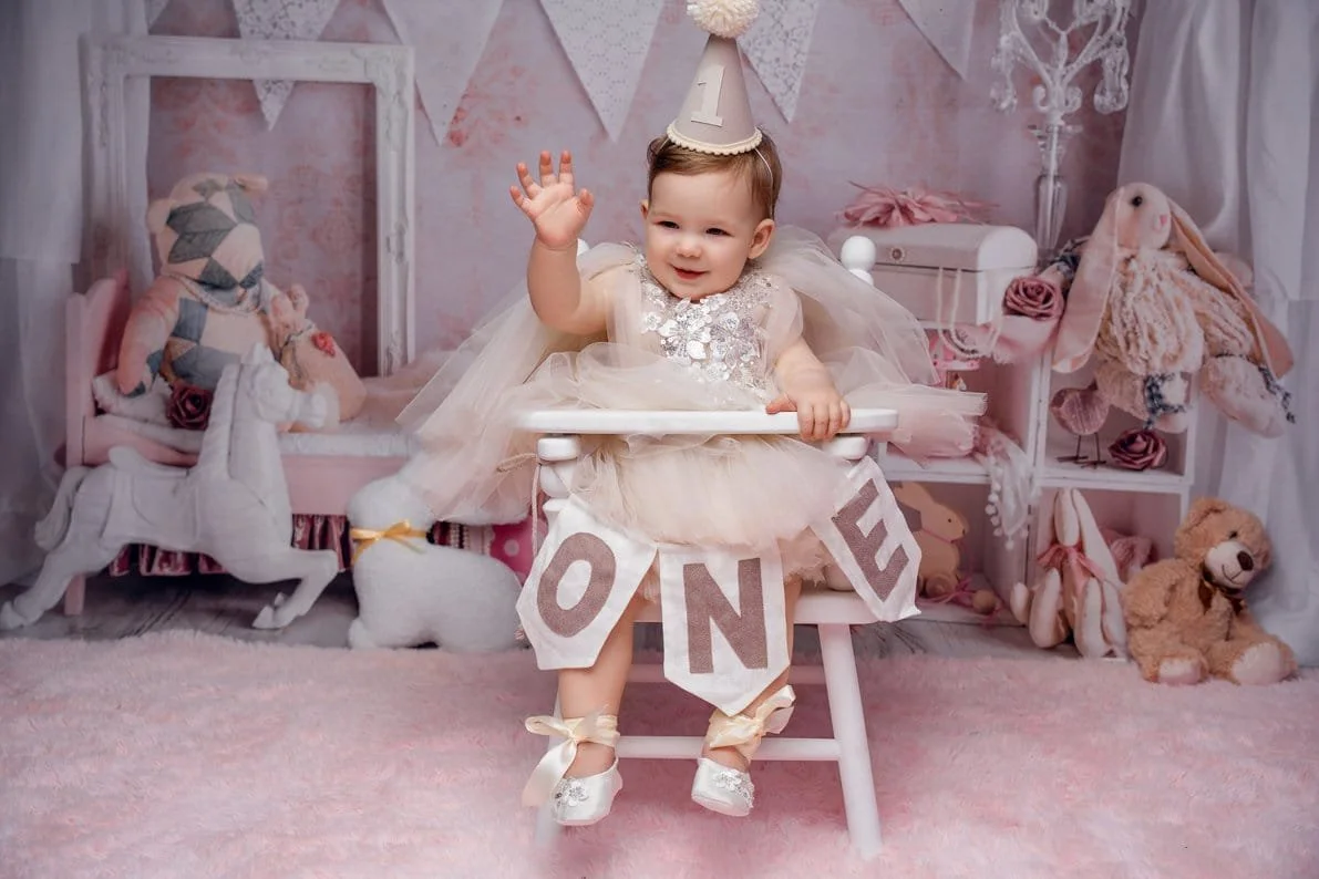 Baby milestone photoshoot with baby girl in highchair with ONE banner and party hat in Chicago - Filaneyka photo studio