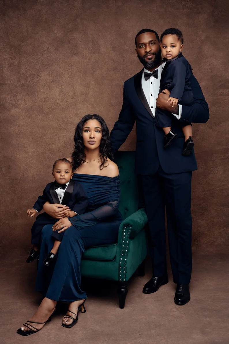 Family studio portrait with formal family portrait in navy suits in Chicago - Filaneyka photo studio