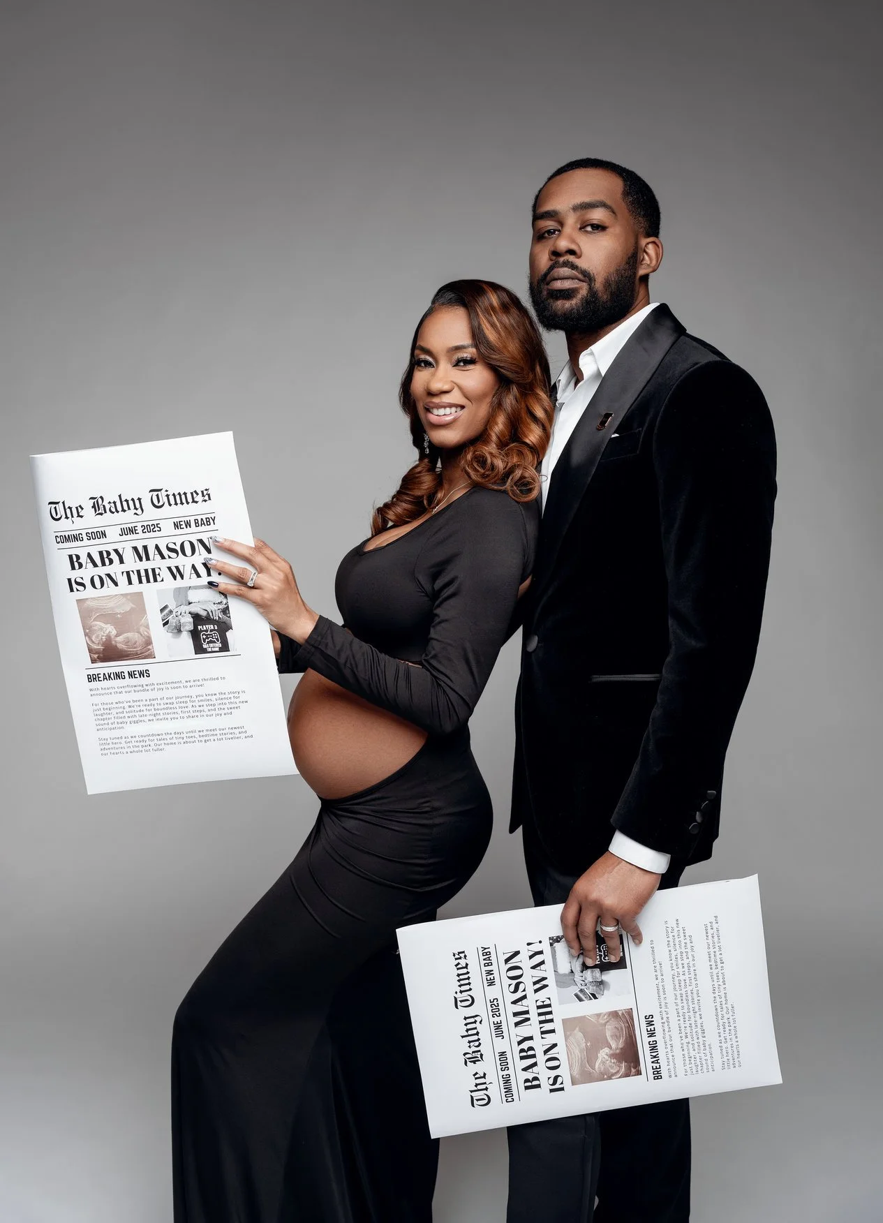 Maternity photoshoot with formal couple baby announcement pose in Chicago - Filaneyka photo studio
