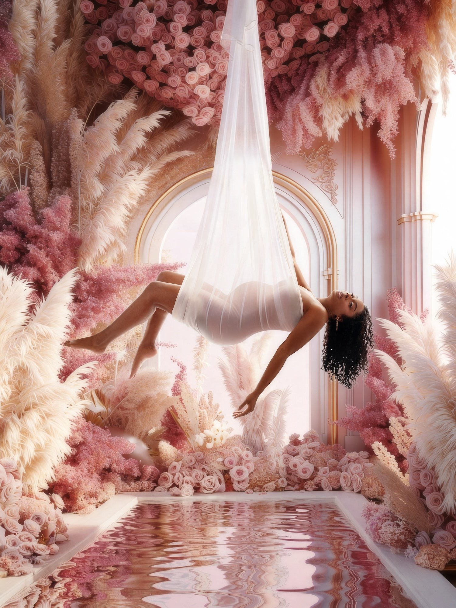 Luxury fine-art maternity portrait: pregnant woman in a flowing gown among pink pampas grass in a floating composition