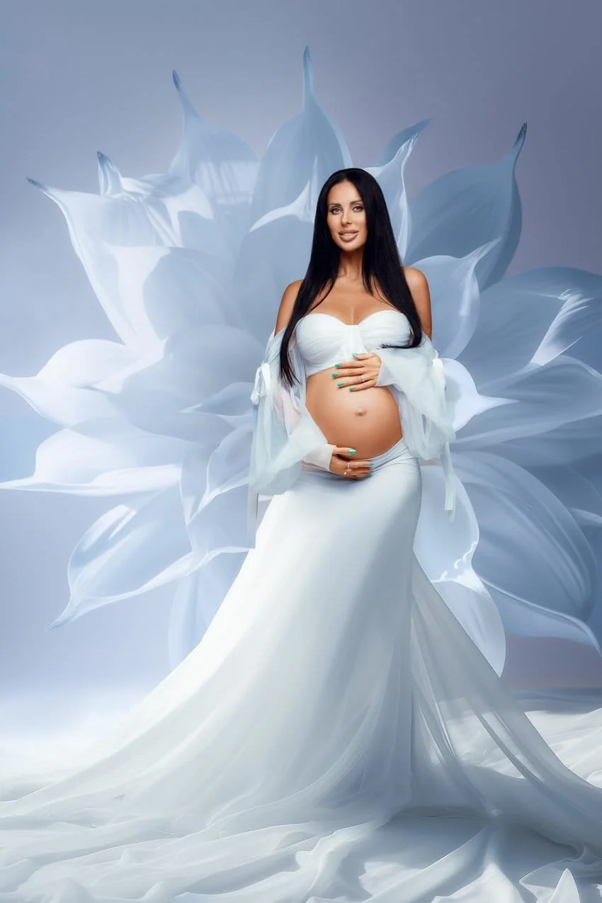 Fine art pregnancy portrait with white floral fabric maternity in Chicago - Filaneyka photo studio