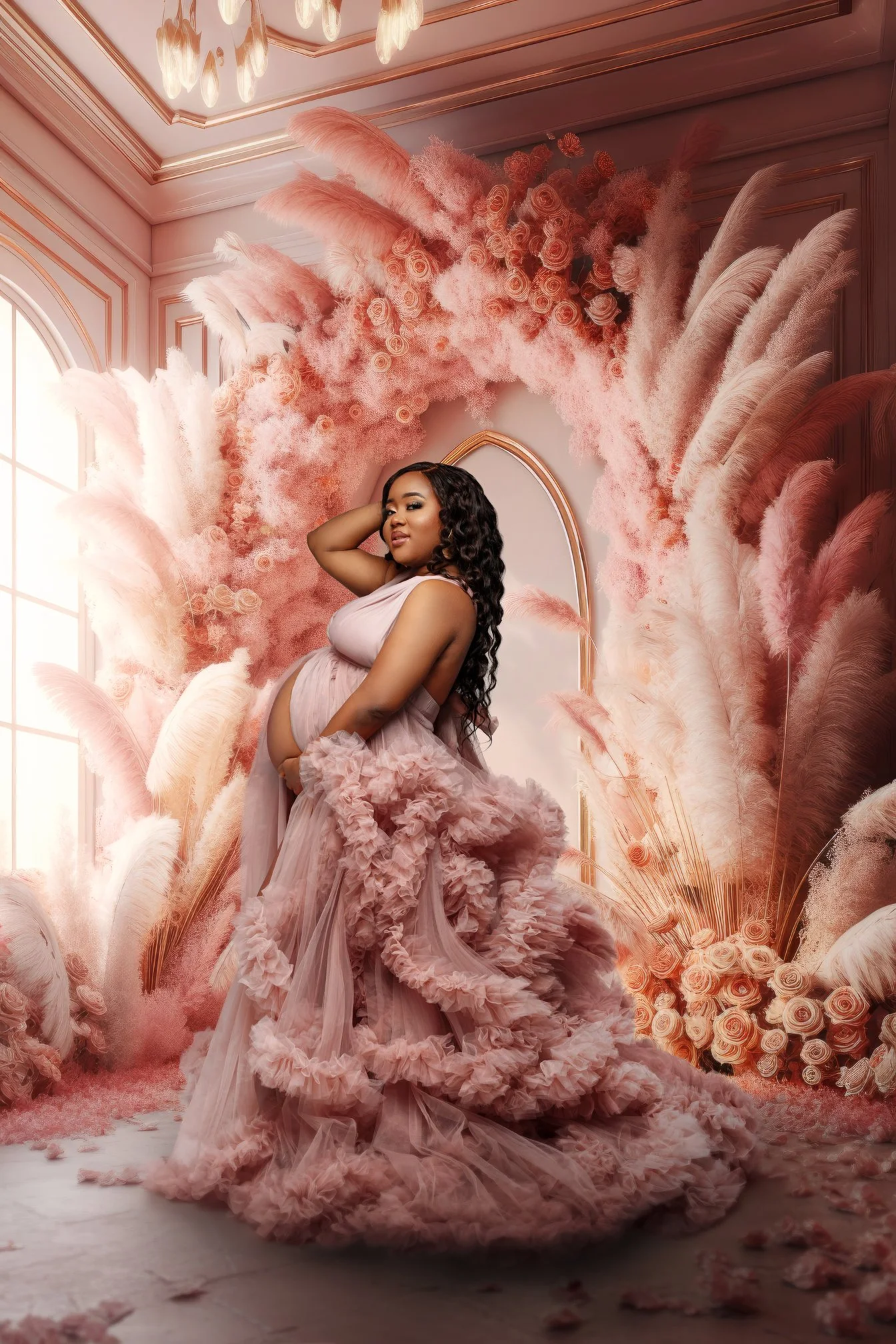 Artistic maternity edit with pink pampas grass maternity portrait in Chicago - Filaneyka photo studio