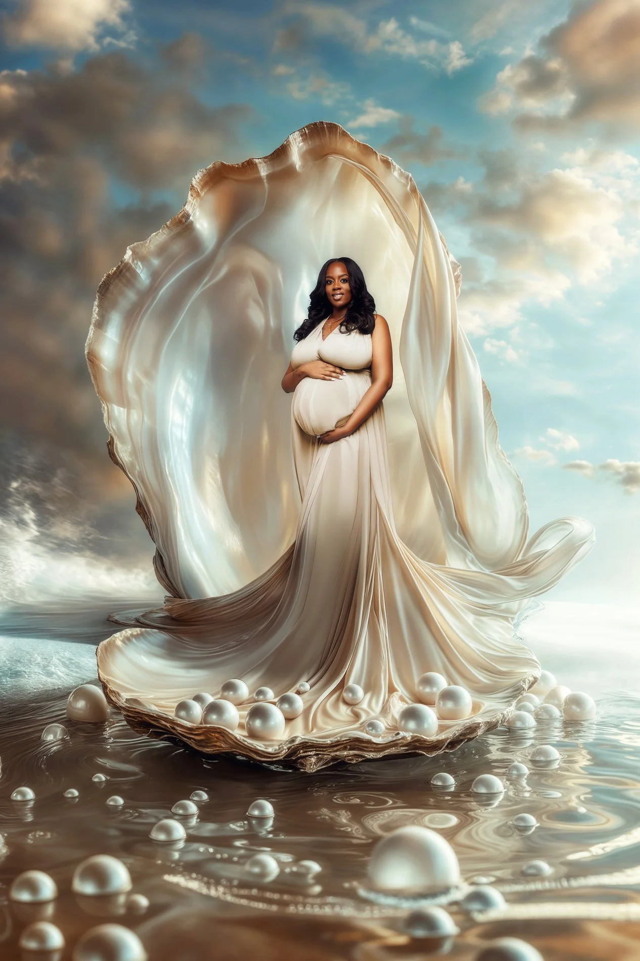 Maternity exclusive retouching with pregnant woman in giant shell in Chicago - Filaneyka photo studio