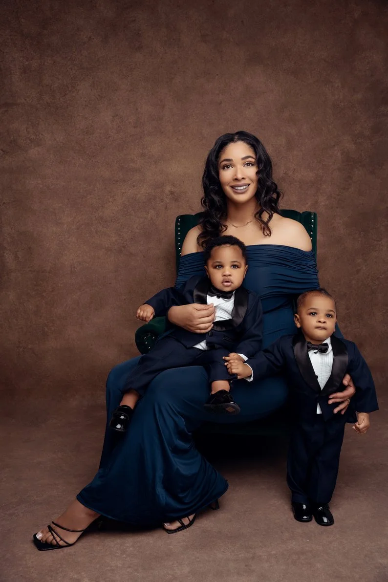 First birthday photoshoot with mother with two sons in matching navy formal in Chicago - Filaneyka photo studio