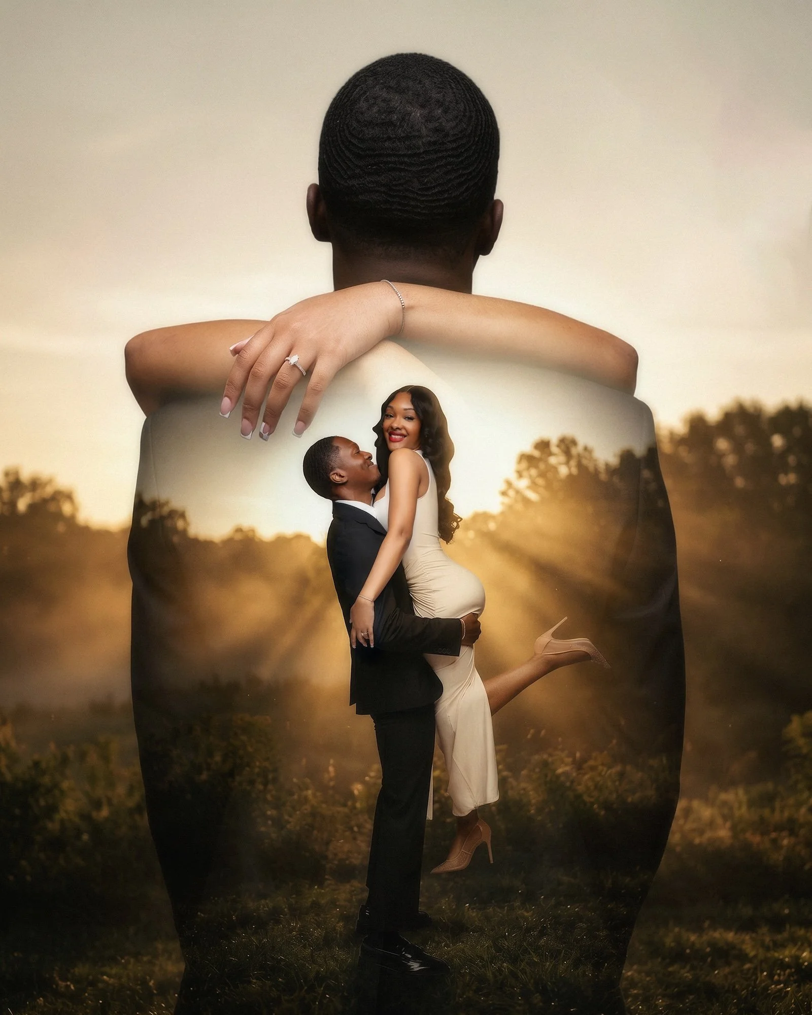 Artistic double exposure engagement photo, sunset silhouette with couple embracing, man lifting woman, exclusive retouching by Filaneyka Chicago