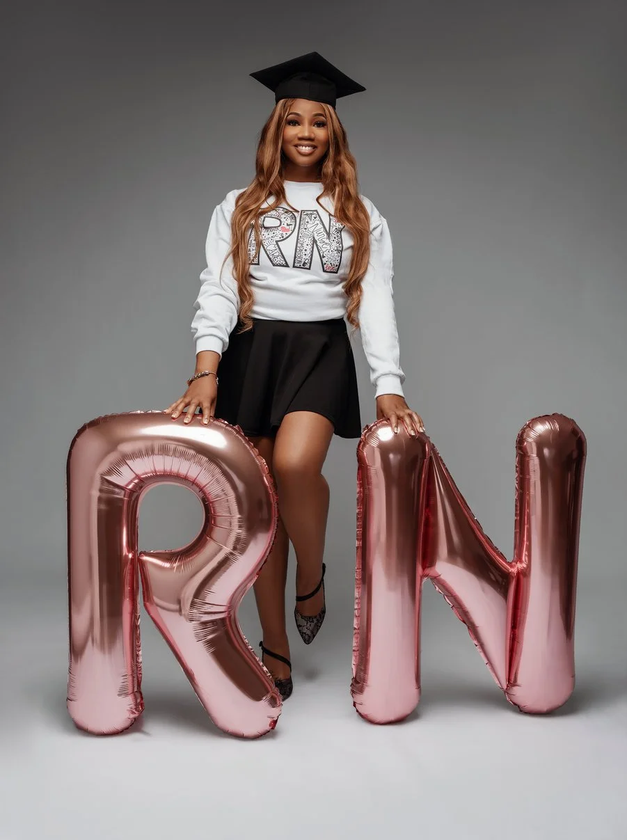 Graduation photoshoot with nursing graduate with RN balloons in Chicago - Filaneyka photo studio