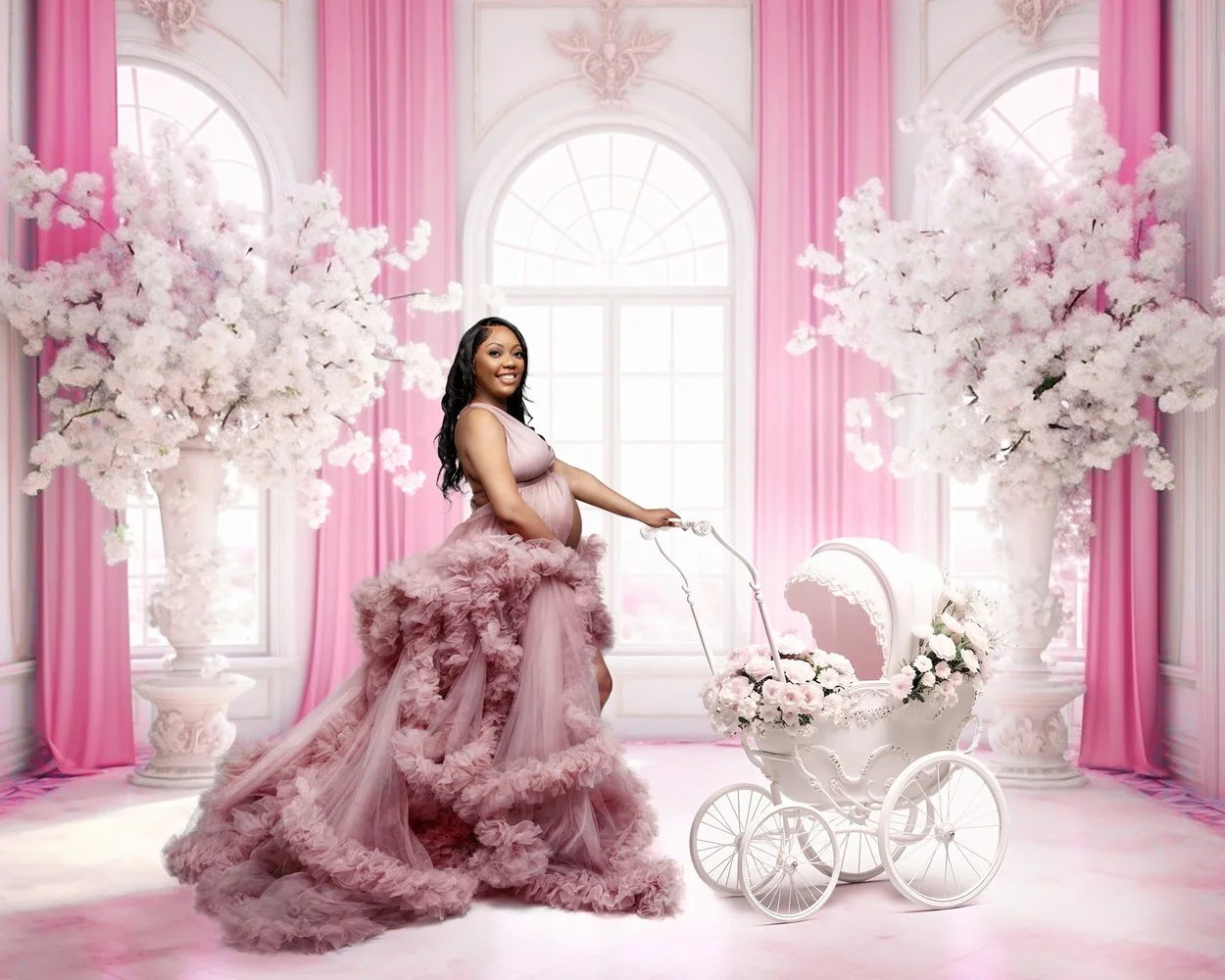 Creative maternity compositing with pink gown with baby carriage in Chicago - Filaneyka photo studio
